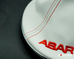 FIAT 500 Gear Shift Boot + Retaining Ring Set- White EcoLeather w/ Red Stitching + ABARTH Logo